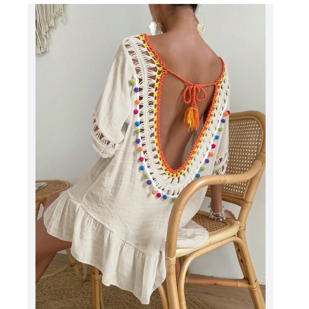 Womens XL Cream Boho Pom Pom Crochet V-Neck Ruffle Mini Dress Beach Coverup